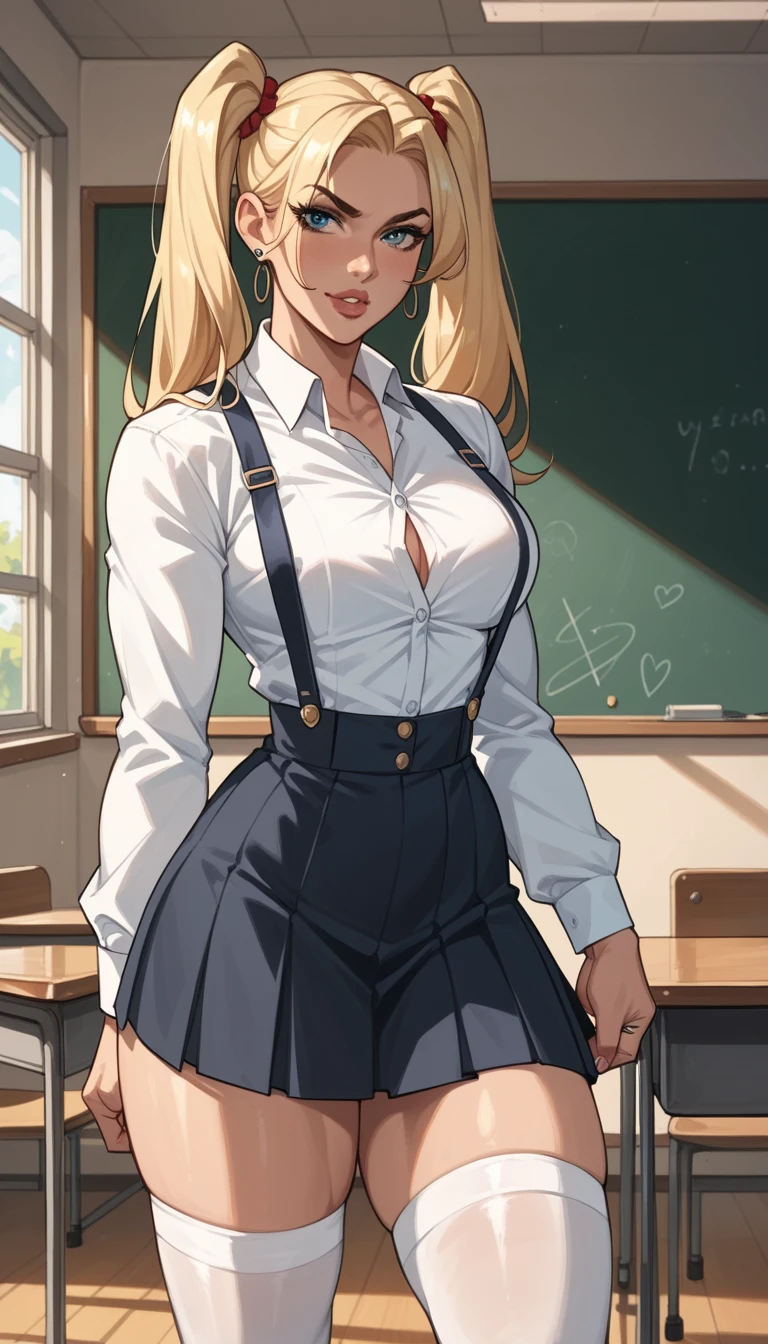 (solo) An illustration of one curvy girl (with nice thighs and glutes), strong, Beautiful, Dominant, toned up, Muscular, sexual, big blonde, school bully with a narrow waist, with light hair, gathered into two ponytails, in a white shirt, suspenders, white stockings and a black skirt, at full height, whole body, standing in the classroom, standing in a fighting pose, ready to mock the viewer. Her name is Lena and she is a schoolgirl bully.