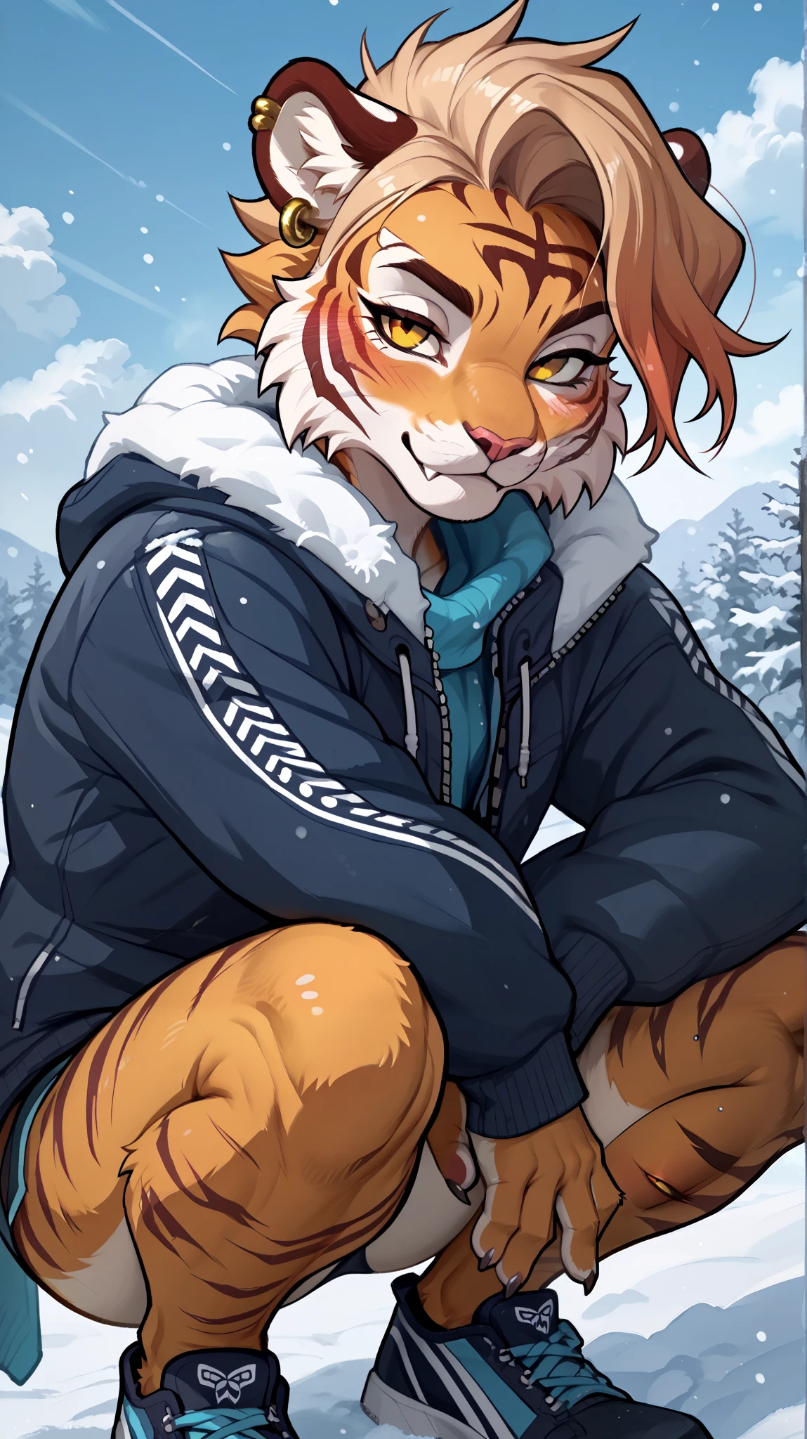 (zPDXL2), (PonyXLV6_Scores), Expressiveh, three-quarter portrait, BREAK
lhata4564, d3t41l3d,
((solo, Anthro, Furry, tiger)) , slim, ear piercing, (underwear), (Squatting, seductive pose)), snow, clouds, shiny, sunny, looking at viewer