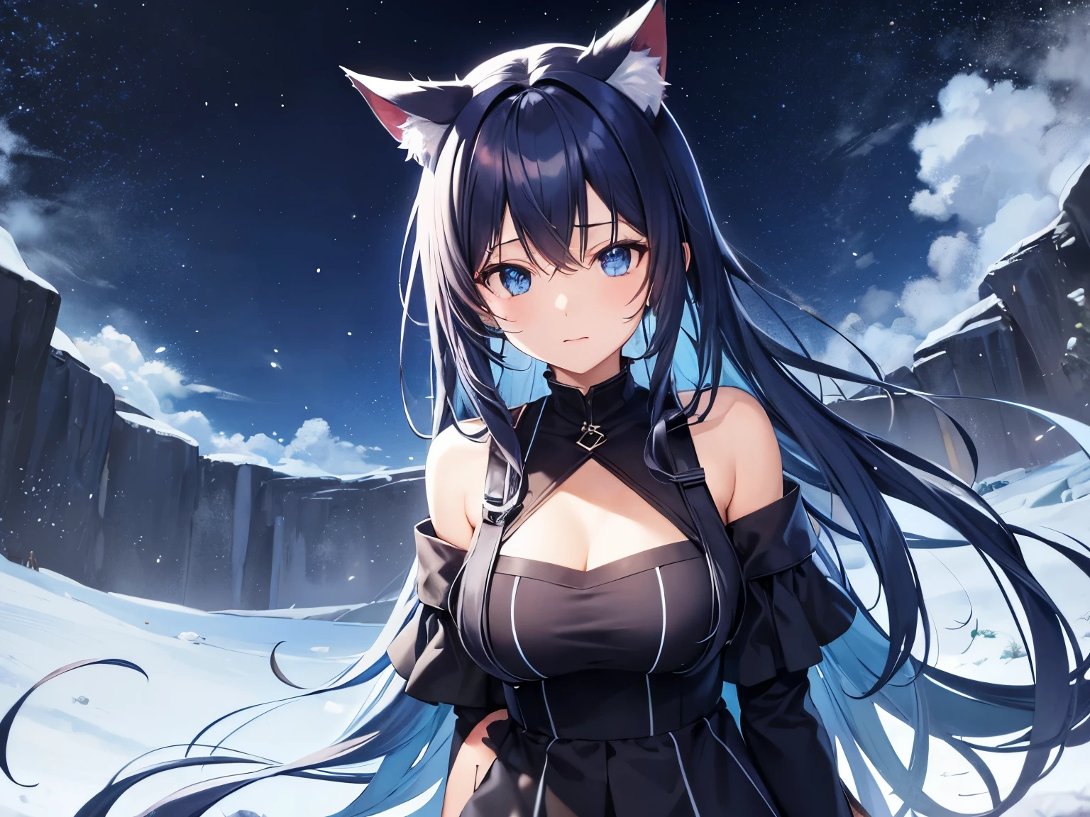 Cat Ear Girl, galaxy hair, multicolor hair, blue eyes, big breast, sad expression, black cat collar, no human ears visable