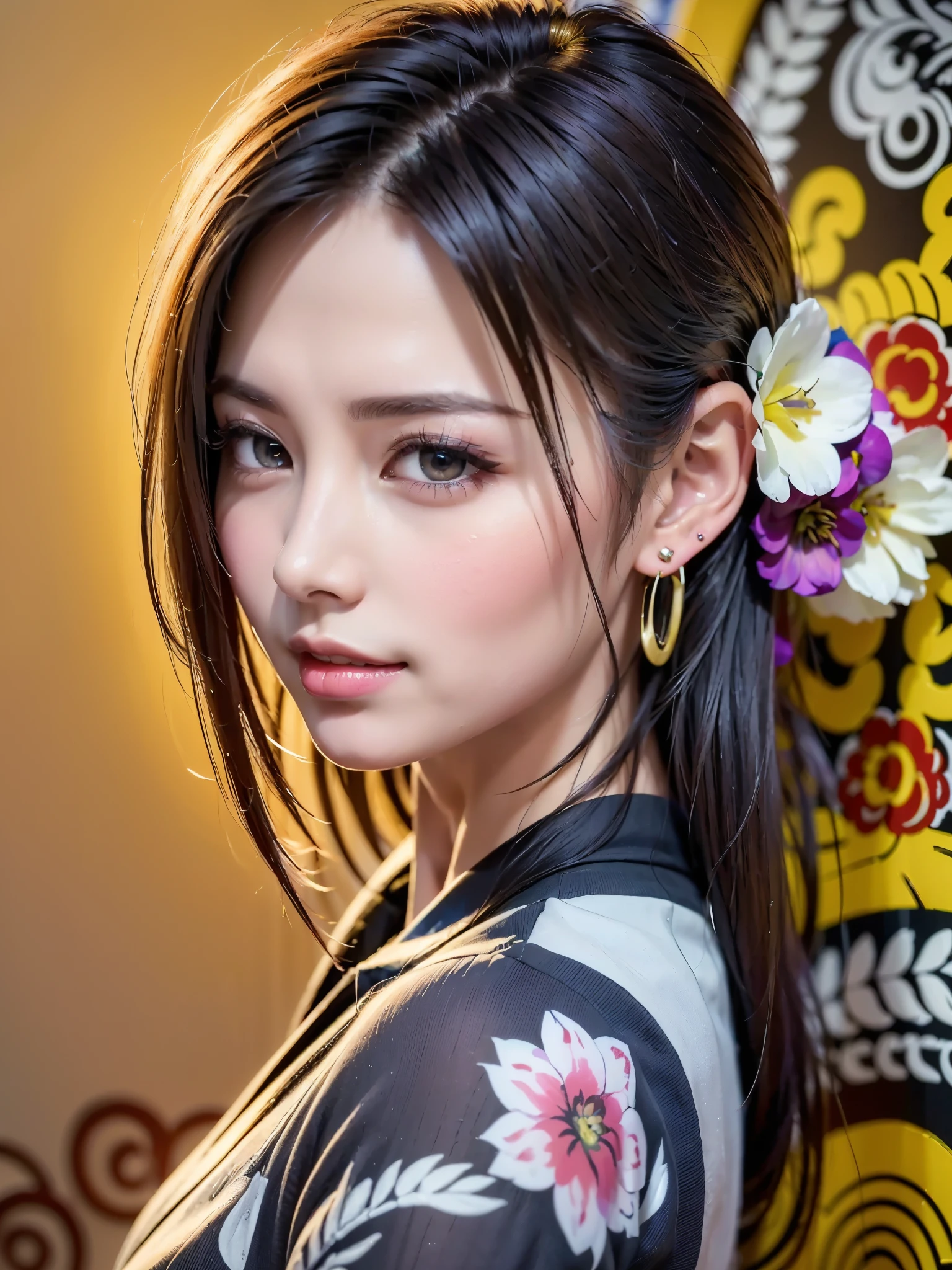 (Realistic)、(Realistic:1.2)、(High resolution)、Very detailed、Very beautiful face and eyes、1 person、Delicate body、(Highest quality、Attention to detail、Rich skin detail)、(Highest quality、8k、Oil paint:1.2)、Very detailed、(Realistic、Realistic:1.37)、Bright colors、Full Body Shot,black_hair, Beautiful 8k eyes,Looking_in_audience,One person in,Are standing,((Very beautiful woman, Fuller lips, Japanese pintern kimono))、((Colorful Japanese kimono)))、(((blackhair)))、(((blunt bungs,long straight hair)))、((( In an old Japanese house (short focus :1.4),)))、(masterpiece, Highest quality, Highest quality, Official Art, beautifully、beautiful:1.2),(Fractal Art:1.3),Sengoku period、By Greg Rutkowski:Alphonse Mucha Ropp,short ,uchikake,nishijin ori,(realistic Light and shadow), (real and delicate background),(Calm colors, Dim color, soothing tones:1.3), Low saturation, (Ultra-detailed:1.2), (Noir:0.4),Draw,Blurred_Light_background, (Bright colors:1.2), cinematic Lighting, ambient Lighting,Single Shot,Shallow focus,pink lip,Blurred Light background,