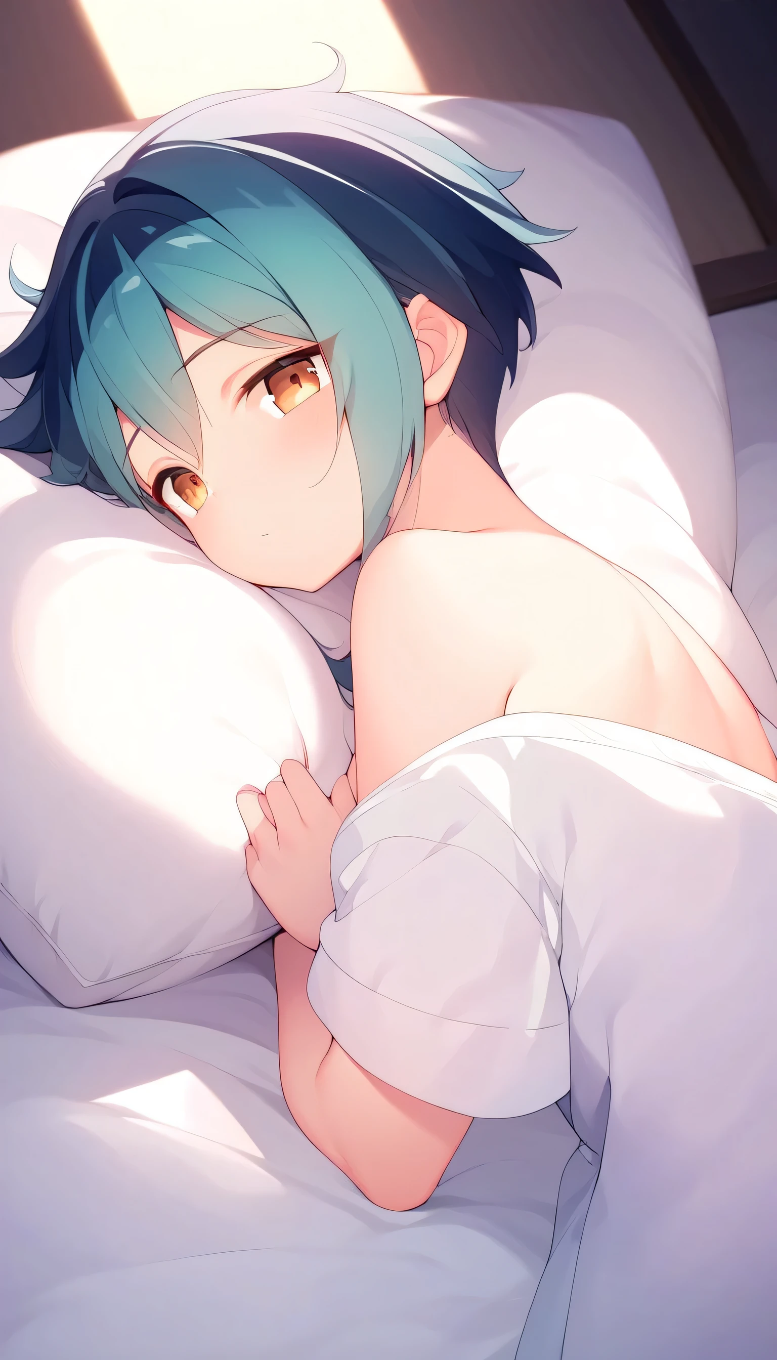  top quality、 HD、8k、 from the side 1 girl 、Indigo Hair、 little chest、 white nightwear 、 on the bed、 face down 、night、night中、Moonlight from the window、White pillow