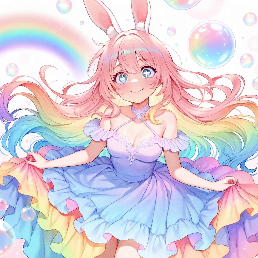 Masterpiece, Best quality, 8K, Sharp focus, intricately details, Beautiful girl, Sparkling eyes, golden-ratio face, Otherworldly liquids, aquarelle, Pastel colors, Bright colors, Whimsical, Colorful, Sharp focus, high resolution, finedetail, ((Round eyes)), Rainbow-colored bubbles，foamy，big beatiful eyes，There are bubbles floating around，offcial dress，Rabbit ears