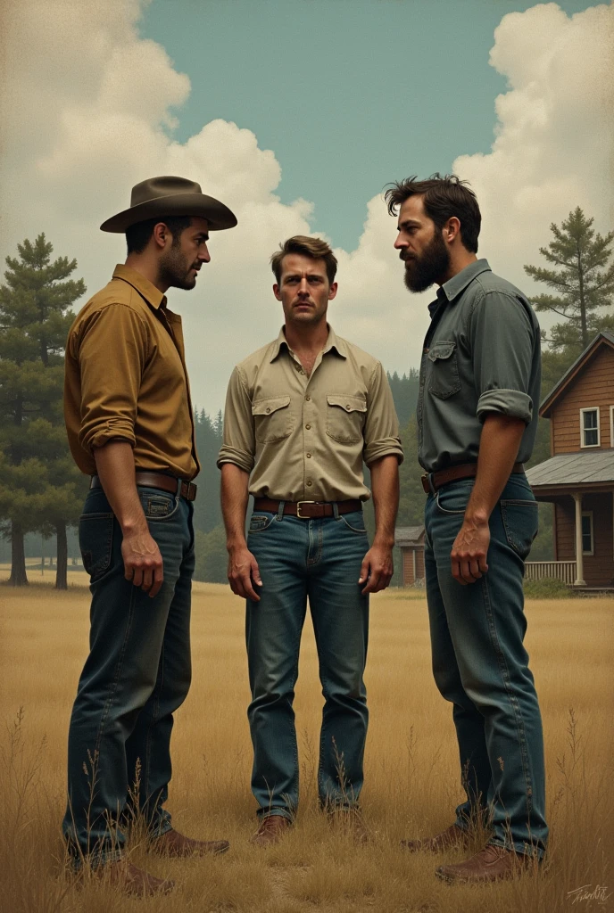 A handsome attractive man with a hat and a black cowboy dress getting out of a car with a young handsome shirtless skinny white gay man introducing his grandparents to his boyfriends on a farm