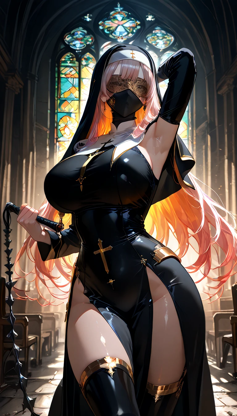 cool beauty, iridescent white shining glossy silky hair, lewd great body proportion, huge breasts, wearing (shiny copper plated colored) smooth nun priest uniform, blind mask, mouth mask, hold a whip sword and raise it, armpit, abandoned church with cracked stained glass, professional and perfect composition, extremely delicate depiction, extremely clear image, various effects, bold and dynamic, contrasts of light and shadow, 2.5D, artistic photography, hyper realistic, ultra detailed, absolutely resolution, masterpiece