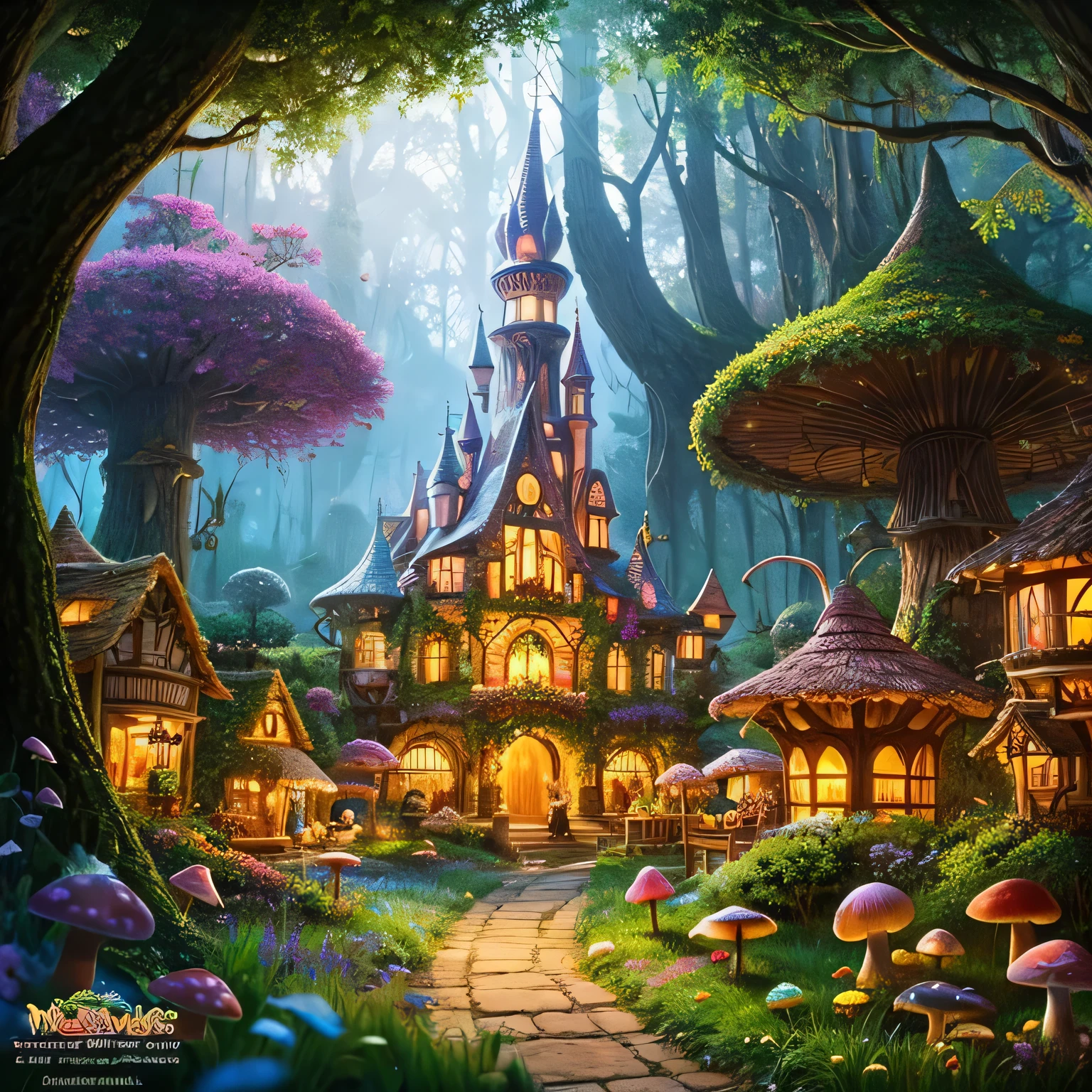Picture of a fairy village with lots of mushrooms, magic Fantasy Highly detailed, Fairy Kingdom Forest , Fantasy Highly detailed, enchanted magical fantasy forest , Fairy Palace , Mushroom Town , Fairy Forest, Ultra-detailed fantasy, Magical Village , magic Fairy Forest, Magic Fairyland, Magical World . colorful , beautiful detailed fantasy , Fairy Palace , magical fantasy forest , mushroom forest