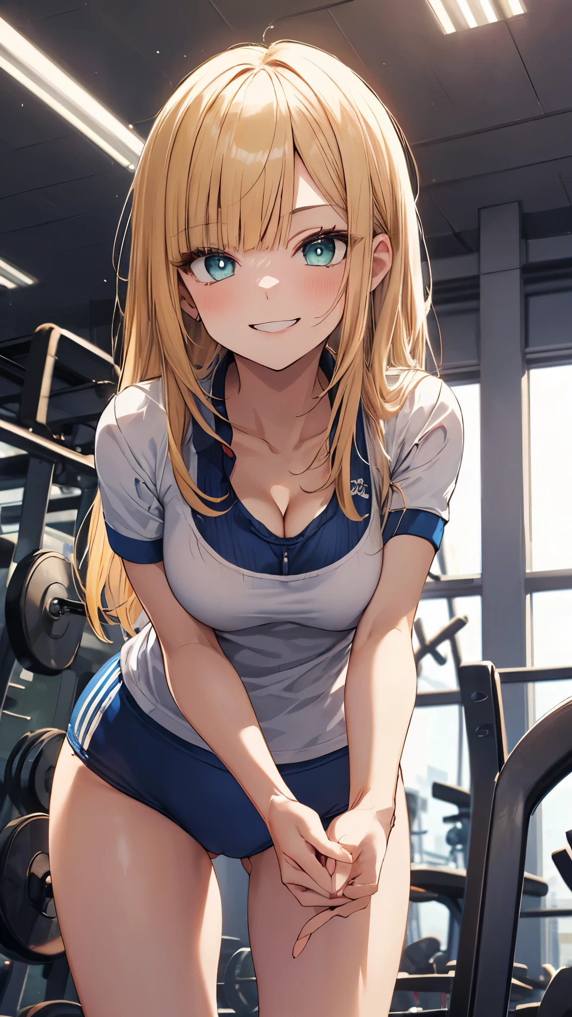 All body,1girl,solo,reines, yellow hair, (green eyes), long hair, bangs, blunt bangs,(white gym shirt, short sleeve,gym uniform,dark blue buruma:1.3),cameltoe,seductive pose,(leaning forward,showcasing cleavage:1.3),grin,(playground),masterpiece,Noise Reduction,perfect anatomy,high resolution, ultra-detailed, ultra-detailed face,game cg,dutch angle ,beautiful detailed eyes,visualart,five fingers, perfect hands, perfect lighting, sparkling pupils,