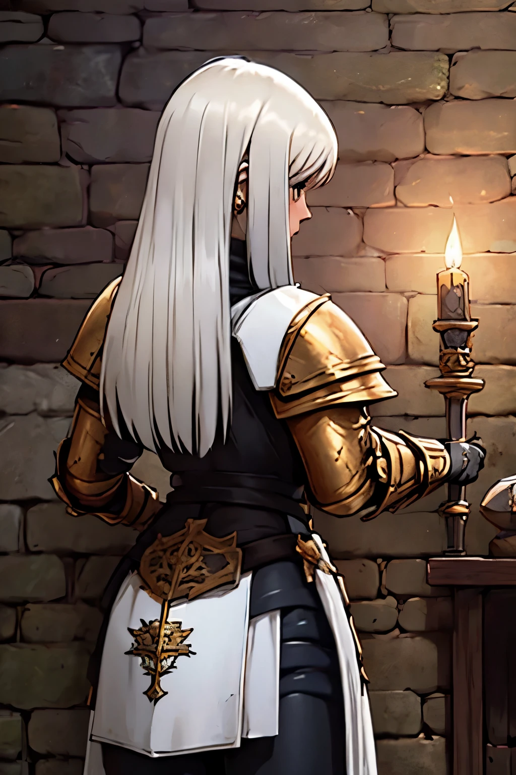 ((ultra-detailed)), (beautiful detailed eyes), (masterpiece), best quality, expressive eyes, perfect face, 1girl, knight, gold armour, white shirt, black shorts, black leggings, gold bracers, black gloves, plate armour, knee boots, blonde hair, long hair, knight, paladin, ranger, pirate, knightgirl, armor, rogue, torch, wooden doors, ruins, abandoned, old, moss, stone wall, underground, dungeon, dungeon-background, iron doors, medieval-armor-girl, armored, retro anime, 1990s anime, (cinematic lighting), (illustration), anime, (((best quality))), best quality, ((back)),