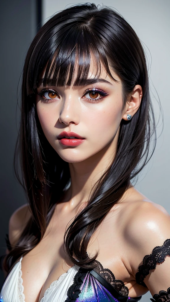 masterpiece, best qualitiy, RAW photos, realisticlying, A high resolution, hyper-detailing, Focus on the face, Detailed eyebrows, realistic beautiful eyes, realistic glossy skin, straight Bangs, realistic movie lighting, detail shaded, high contrast, Slender, big boob, Big breasts, Exposed cleavage, open mouse, nsfw, Sexy face, Facial expressions when receiving pleasure, ((Dark background)),