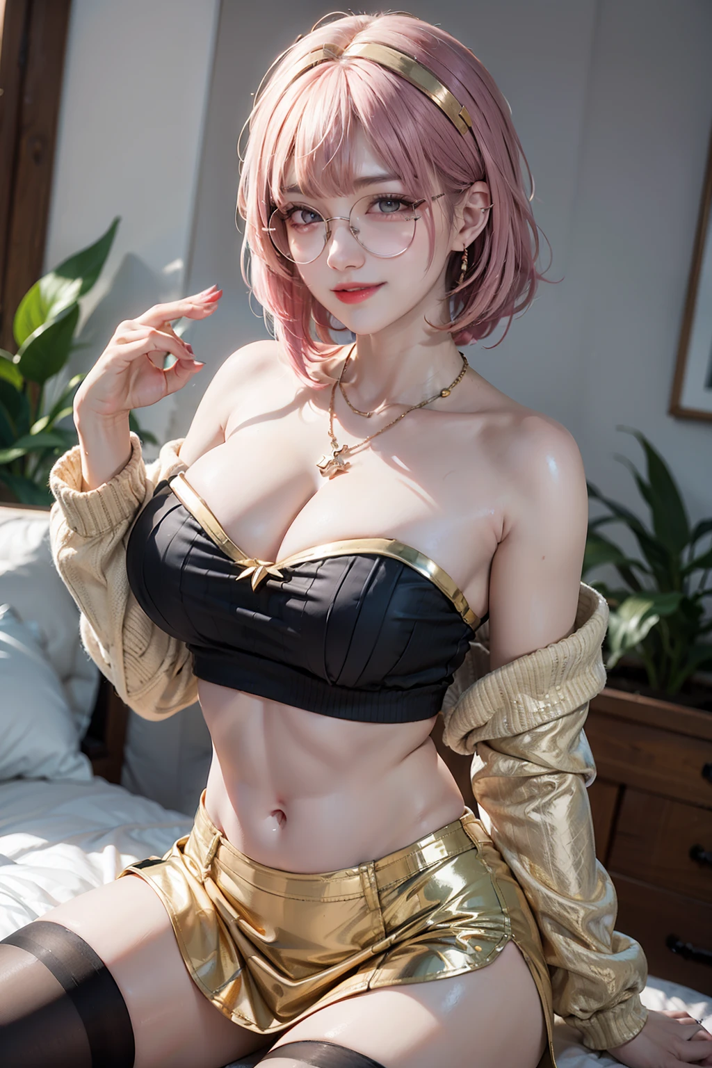 1Women, early 20s, short silky pink hair with bangs, gold armlet, gold bracelet, golden eyes, happy, satisfied smile, golden cross necklace, jewellery, Tattooed, big breast, Sweaty, wet, shiny skin. short skirt, thighhighs. Round glasses, long sleeve, crop top sweater, bare shoulders, off shoulder.