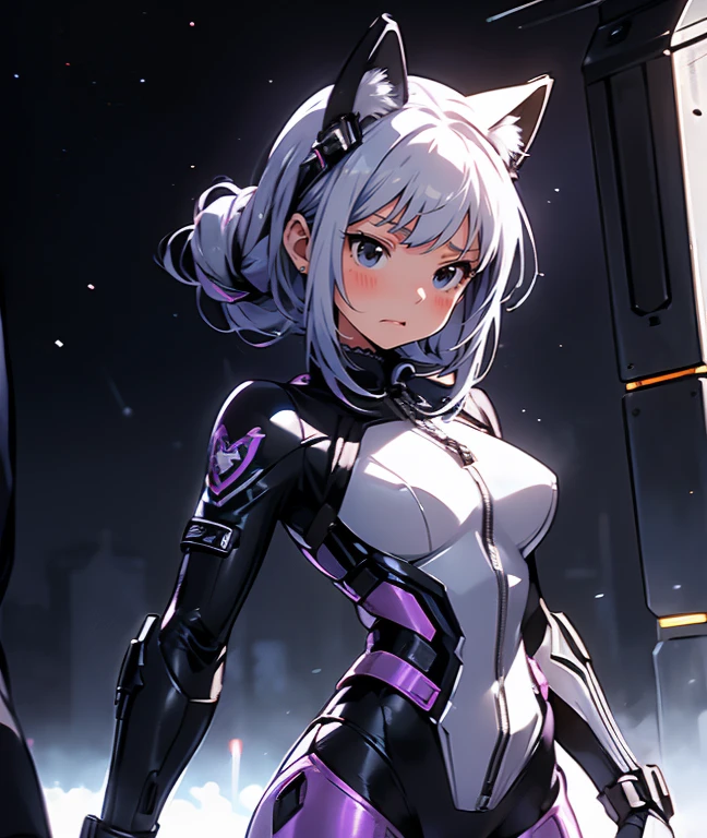 (master piece, best quality, ultra detailed, highres, 8k), The protagonist of a new special effects drama、Space Sheriff Jasmine、-yeld fee、only one girl, half side bun hair, shortcut hair, silver purple hair, slender, A headgear with metal antennas shaped like cat ears, Wearing a combat suit like Space Sheriff Gavan、Combat suits are protected by titanium、(The combat suit is very high-legs and very tight and hugs the body:1.2)、The suit is gold with black accents、She is removing her helmet、(medium breasts), (medium hips), (The suit has a feminine shape that makes the most of the curves)、(The shape of the breasts is clearly visible), The waist of the suit is tightly cinched  the private parts.、There is a zipper that runs from the vulva to the anus and can be opened when urinating or defecating.、The titanium protector is thick and divided into three parts: chest, abdomen, and waist.、Inspired by Robocop design, dynamic pose:1.5