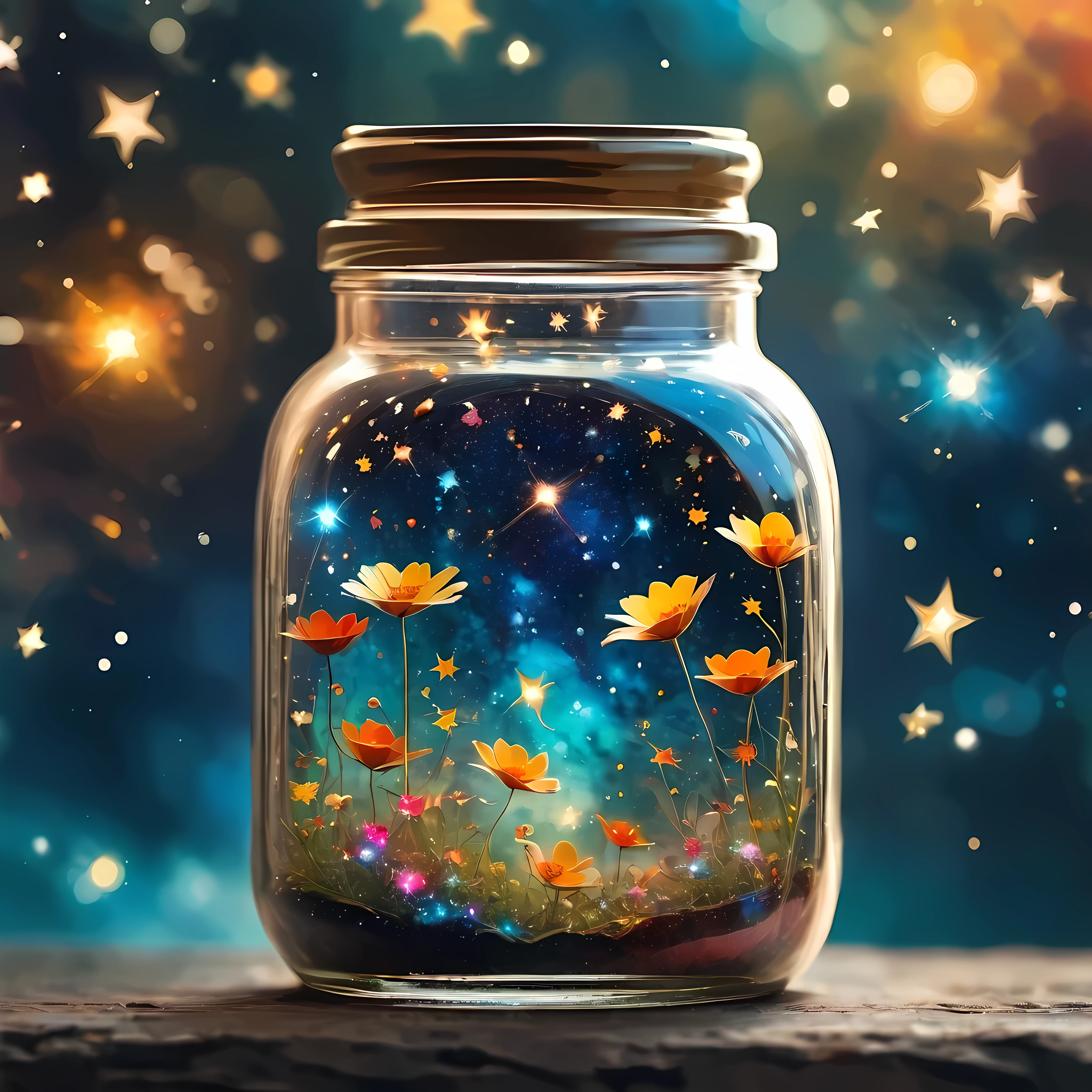 Close-up of glass jar, Starry sky in a jar, miniature cosmos, Twinkling stars, Colorful Nebula, galaxy, Cosmic dust, Glass reflection, Surface distortion, Background starry sky, Compared, depth, magic, Ethereal Light, Ultra Detailed, Dark background, Paradise beauty, Macro Photography