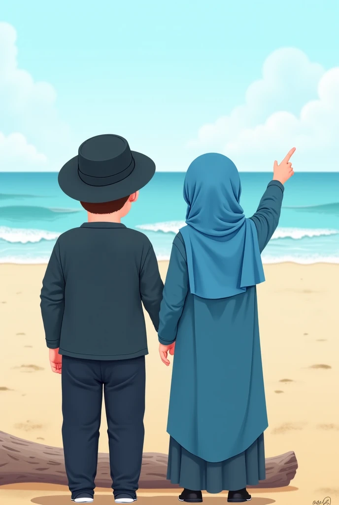 Amal hijab et sac a main + yacine barbu posé devant la mer styke dessin