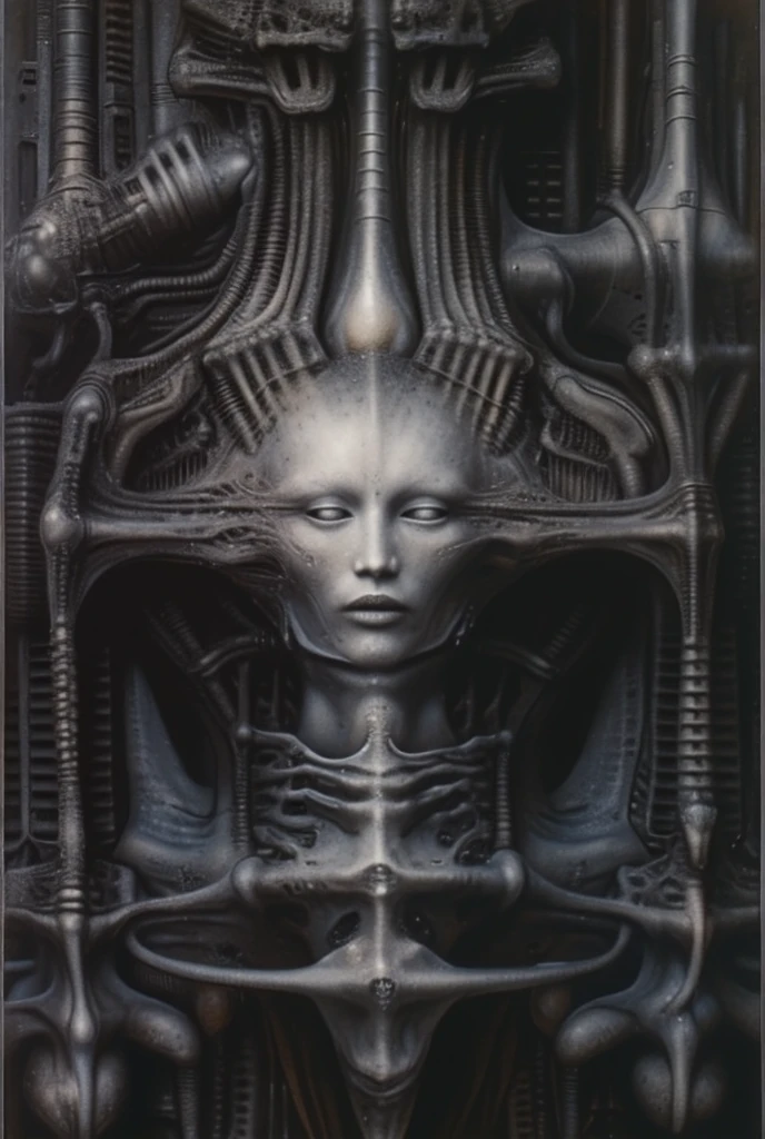 g1g3r, , The image is a detailed view of H.R. Giger's \" Li II \" plate, featuring The image depicts a surreal, otherworldly scene with intricate, organic-like architecture and figures that appear to be emerging from the structures. The space in this H.R. Giger-esque image is formed through a complex interplay of several visual techniques, creating a claustrophobic, layered, and ambiguous environment. Space in this image is formed by a combination of overlapping forms, lack of traditional perspective, flowing curves, high detail, ambiguous scale, and subtle lighting. These techniques work together to create a unique and unsettling spatial experience that is characteristic of Giger's work: a claustrophobic, organic, and biomechanical environment that feels both alien and strangely familiar.
 The most dominant feature is the dense overlapping and interweaving of organic and mechanical forms. Figures, pipes, tubes, and other structures merge seamlessly, making it difficult to distinguish where one ends and another begins. This creates a sense of depth and layers, but also contributes to the claustrophobic feeling as there's little empty space.
 There's no clear horizon line or defined vanishing point to establish traditional perspective. This further adds to the sense of disorientation and makes it difficult to gauge the scale and distance of the elements within the image. The space feels compressed and undefined.
Giger frequently uses smooth, organic curves and contours that flow into each other. These curves create a sense of movement and dynamism, but also further blur the boundaries between objects and spaces. The eye is led through the image along these curves, but there's no clear destination or resting point.
 The high level of detail and intricate textures across the entire image contributes to the sense of density and complexity. There are few areas of smooth, flat color or empty space. This creates a visually rich environment