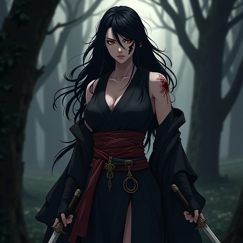 A young black-haired woman with long hair untied, with tattoos in the form of lines around various body areas, mainly limbs and face like Ryomen Sukuna from Jujutsu Kaisen, wearing combat clothing consisting of a black and white set.
