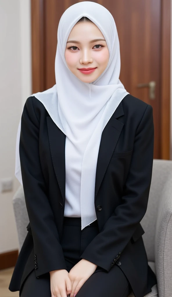  A 20-year-old woman, sitting facing forward,  Full body visible,  using a strict formal blazer in black, strict office shirt of white color ,  long tight latex pants in black ,  using white hijab until worn , smiling beautiful ,  red lips .