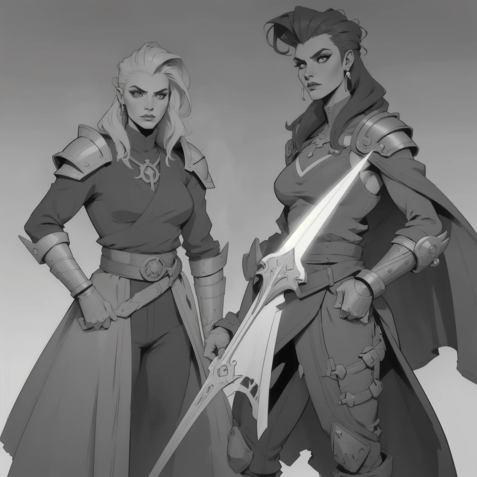 um desenho de duas mulheres com uma espada e um vestido, old sketch, rough sketch, a sketch, medium shot of two characters, concept piece, detalhado, but rough, concept art sketch, dois personagens, Ghutra e Egal, duas mulheres, esquete, duas figuras, concept sketch, fine art sketch, line sketch, artist sketch, Petros e Leonid