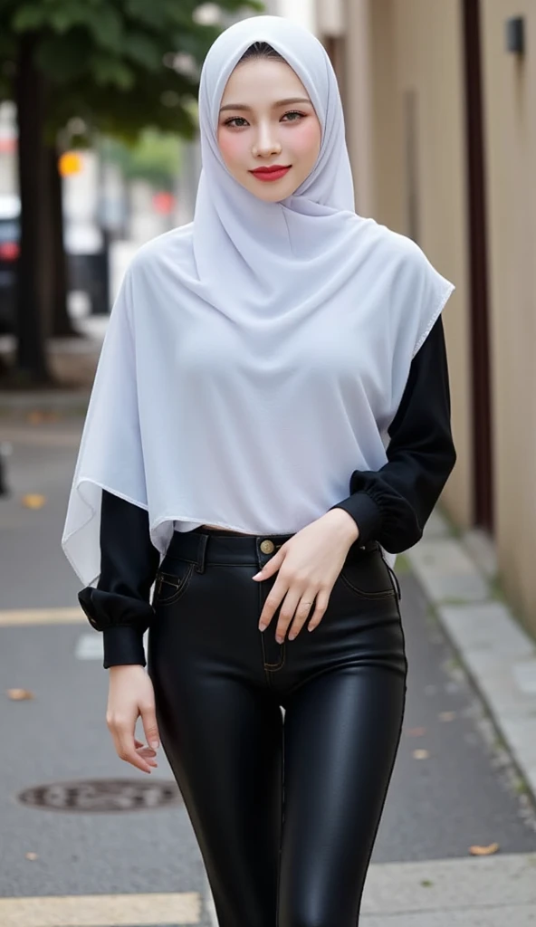  A 20-year-old woman, sitting facing forward,  Full body visible,  using black formal shirt,   long tight latex pants in black ,  using white hijab until worn , smiling beautiful ,  red lips .