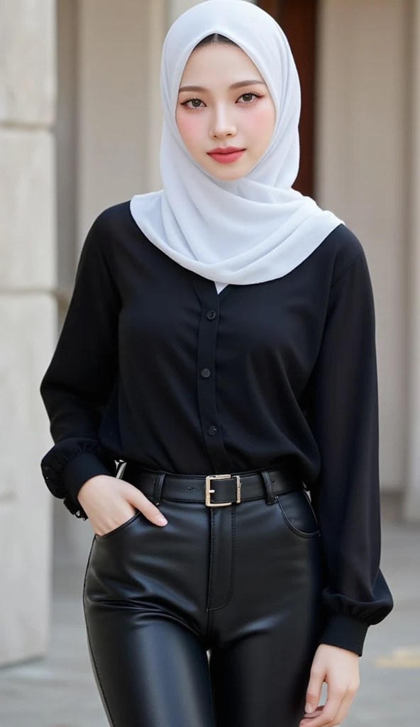  A 20-year-old woman, sitting facing forward,  Full body visible,  using black formal shirt,   long tight latex pants in black ,  using white hijab until worn , smiling beautiful ,  red lips .