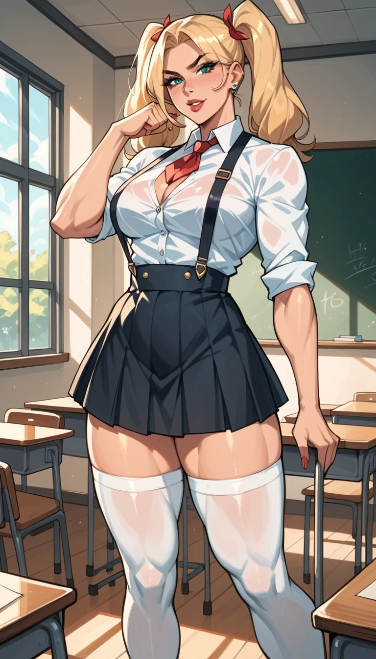 (solo) An illustration of one curvy girl (with nice thighs and glutes), strong, Beautiful, Dominant, toned up, Muscular, sexual, big blonde, school bully with a narrow waist, with light hair, gathered into two ponytails, in a white shirt, suspenders, white stockings and a black skirt, at full height, whole body, standing in the classroom, standing in a fighting pose, ready to mock the viewer. Her name is Lena and she is a schoolgirl bully.