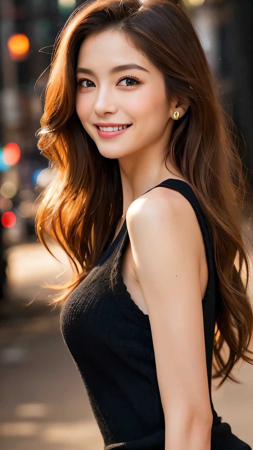 very detailed, Masterpiece , top quality, (( photorealistic:1.4)), (( Perfect Skinny Body :1.2))、Super skinny 30-year-old Japanese woman , detailed face , beautiful detailed eyes、(( natural makeup)) 、(( crunchy flat chest)), ( slim, toned and beautiful body:1.3)、((light brown hair 、 disheveled wavy long hair:1.1、 commemorative photos)), graceful and sophisticated 、goddess、(( waist to head ))、((black knitted tank top、 oversized ))、((dark slum background ))、(( Fresh Smile :1.2))、(( Professional Cool Lighting))、 、 from side