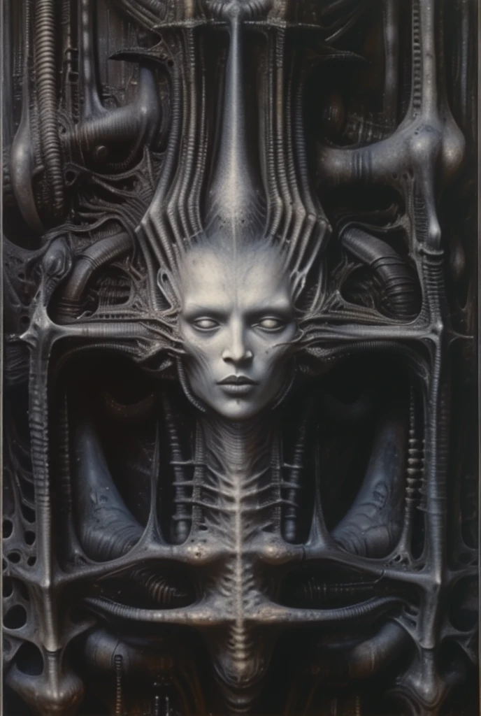 g1g3r, , The image is a detailed view of H.R. Giger's \" Li II \" plate, featuring The image depicts a surreal, otherworldly scene with intricate, organic-like architecture and figures that appear to be emerging from the structures. The space in this H.R. Giger-esque image is formed through a complex interplay of several visual techniques, creating a claustrophobic, layered, and ambiguous environment. Space in this image is formed by a combination of overlapping forms, lack of traditional perspective, flowing curves, high detail, ambiguous scale, and subtle lighting. These techniques work together to create a unique and unsettling spatial experience that is characteristic of Giger's work: a claustrophobic, organic, and biomechanical environment that feels both alien and strangely familiar.
 The most dominant feature is the dense overlapping and interweaving of organic and mechanical forms. Figures, pipes, tubes, and other structures merge seamlessly, making it difficult to distinguish where one ends and another begins. This creates a sense of depth and layers, but also contributes to the claustrophobic feeling as there's little empty space.
 There's no clear horizon line or defined vanishing point to establish traditional perspective. This further adds to the sense of disorientation and makes it difficult to gauge the scale and distance of the elements within the image. The space feels compressed and undefined.
Giger frequently uses smooth, organic curves and contours that flow into each other. These curves create a sense of movement and dynamism, but also further blur the boundaries between objects and spaces. The eye is led through the image along these curves, but there's no clear destination or resting point.
 The high level of detail and intricate textures across the entire image contributes to the sense of density and complexity. There are few areas of smooth, flat color or empty space. This creates a visually rich environment