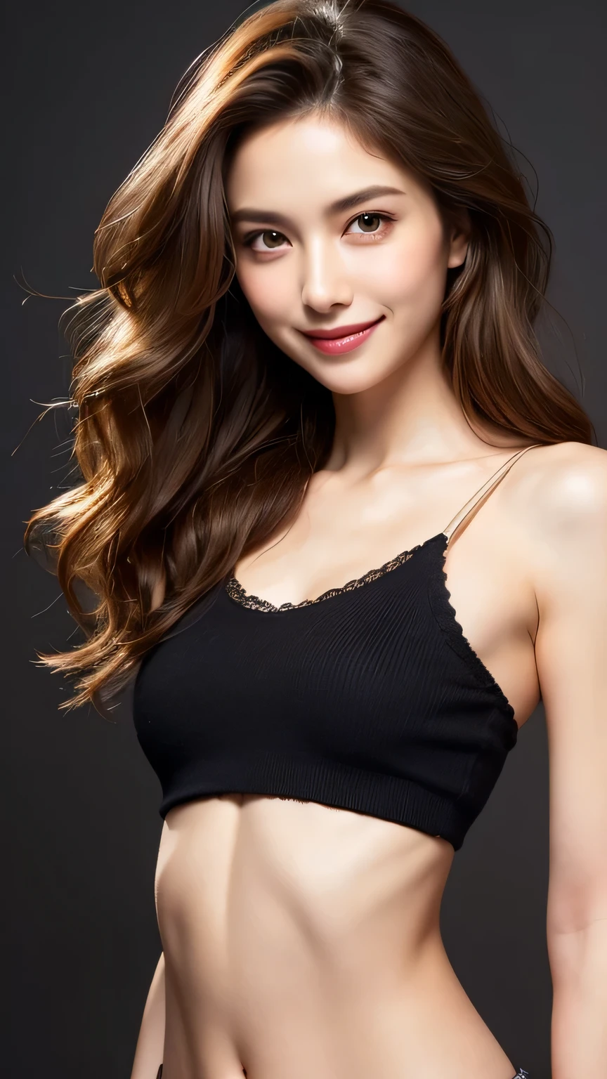 very detailed, Masterpiece , top quality, (( photorealistic:1.4)), (( Perfect Skinny Body :1.2))、Super skinny 30-year-old Japanese woman , detailed face , beautiful detailed eyes、(( natural makeup)) 、(( crunchy flat chest)), ( slim, toned and beautiful body:1.3)、((light brown hair 、 disheveled wavy long hair:1.1、 commemorative photos)), graceful and sophisticated 、goddess、(( waist to head ))、((black knitted tank top、 oversized ))、((dark slum background ))、(( Fresh Smile :1.2))、(( Professional Cool Lighting))、 、