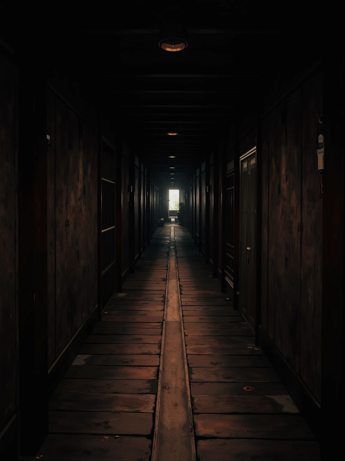 (masterpiece:1.3, UHD:1.2, highres:1.3, top quality, clarity:1.3), The eternal corridor:1.3, The square exit shifts at an angle of 30 degrees each time:1.3, The angle of the corridor ahead changes little by little:1.3, A dark and scary Japanese mansion:1.3, A wooden corridor leading into darkness:1.3, 8k wall paper:1.3