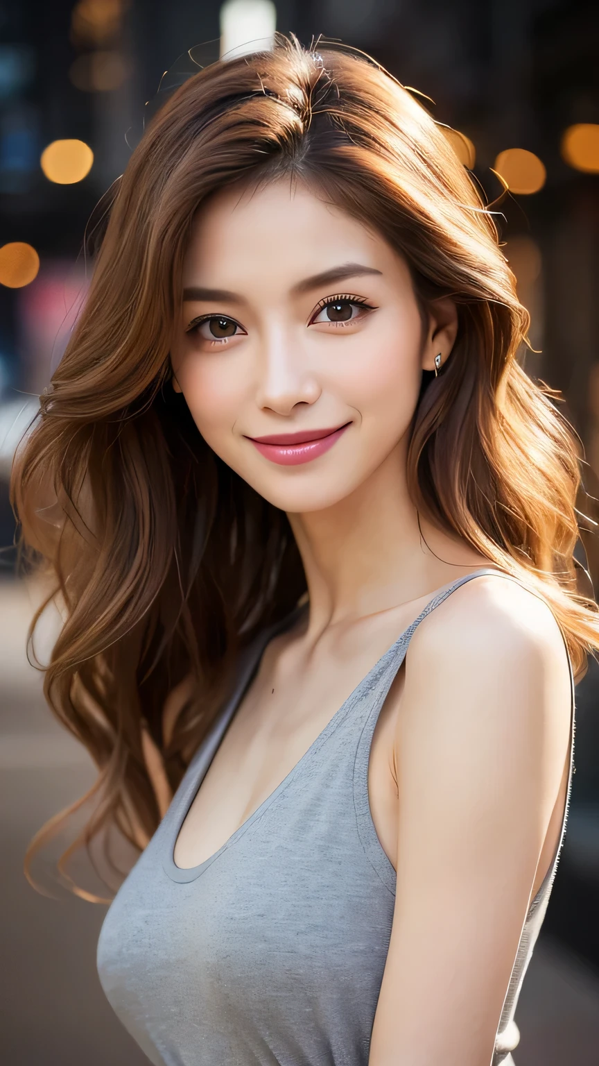 very detailed, Masterpiece , top quality, (( photorealistic:1.4)), (( Perfect Skinny Body :1.2))、Super skinny 30-year-old Japanese woman , detailed face , beautiful detailed eyes、(( natural makeup)) 、(( crunchy flat chest)), ( slim, toned and beautiful body:1.3)、((light brown hair 、 disheveled wavy long hair:1.1、 commemorative photos)), graceful and sophisticated 、goddess、(( waist to head ))、(( light gray tank top 、 oversized ))、((dark slum background ))、(( Fresh Smile :1.2))、(( Professional Cool Lighting))、 、