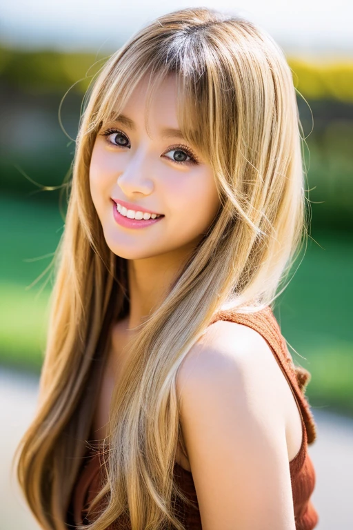 Beautiful and fair、Glowing Skin, nice, bright, A refreshing and kind smile, Perfect beautiful face、Shiny blonde long hair，Very beautiful 18 year old girl, eyeliner, So perfect and beautiful、Lovely big brown eyes, (Cinematic aesthetics:1.4) Ginza Club Photos, Glamorous Dress,