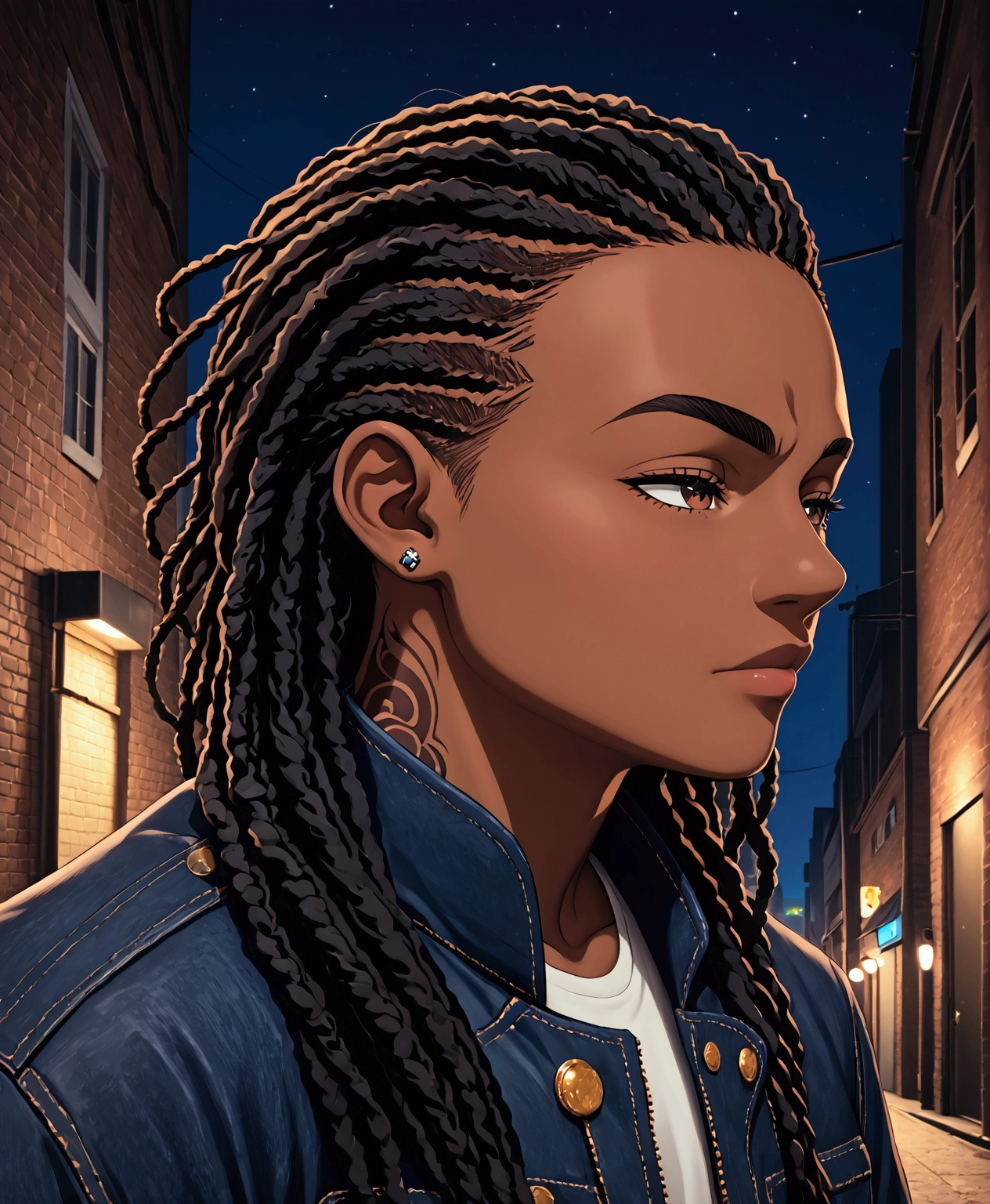 (foco frontal), (8k, 4k, intricate),(closeup-shot:1), (highly detailed:1.2),(detailed background:1.2, alleyway, city background, night time), Masterpiece, best quality, {best quality}, {{masterpiece, anime art style}}, {highres}, black hair, focus, anime style, an close up of a dark skinned man with dreadlocks and a denim jacket,tattoos on his neck , black fade braided hair, cornrows, sharp and detailed, cornrows braids, with textured hair and skin, a black man with long curly hair, twisted braida, inspired by The Boondocks, African American male black anime art, trigger anime artstyle