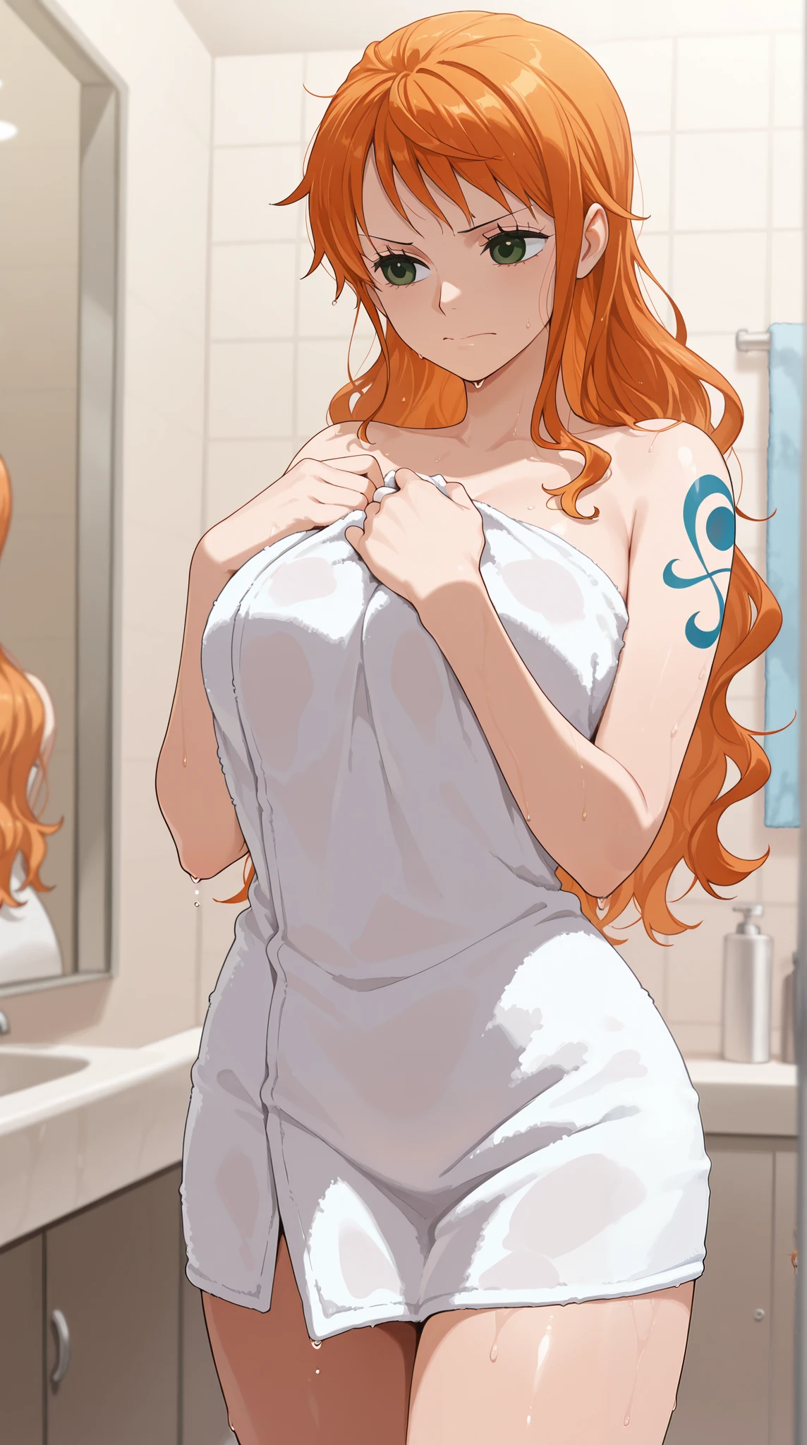 masterpiece, best quality, ultra-detailed, 1girl (namiop, Big and pretty breasts, orange hair, long hair, brown eyes, empty eye), blank face, parted lips, hypnosis, solo, see-through nightgown, wanostyle, night time, in the bedroom, standing,