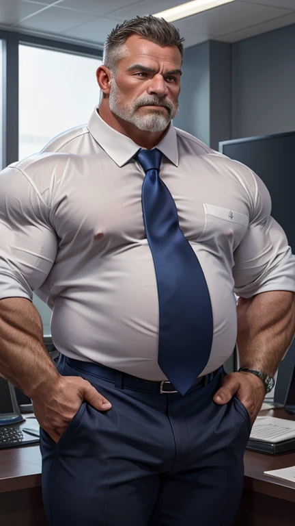 age 60, white man police detective with a mature, kind demeanor, strong and muscular yet chubby build, mustache, wearing dress pants and a buttoned-open translucent shirt that reveals a hairy chest and a noticeable bulge, wearing detective badge on belt, giving off a hint of a horny yet disgusting aura, completing the look with comfortable loafers.