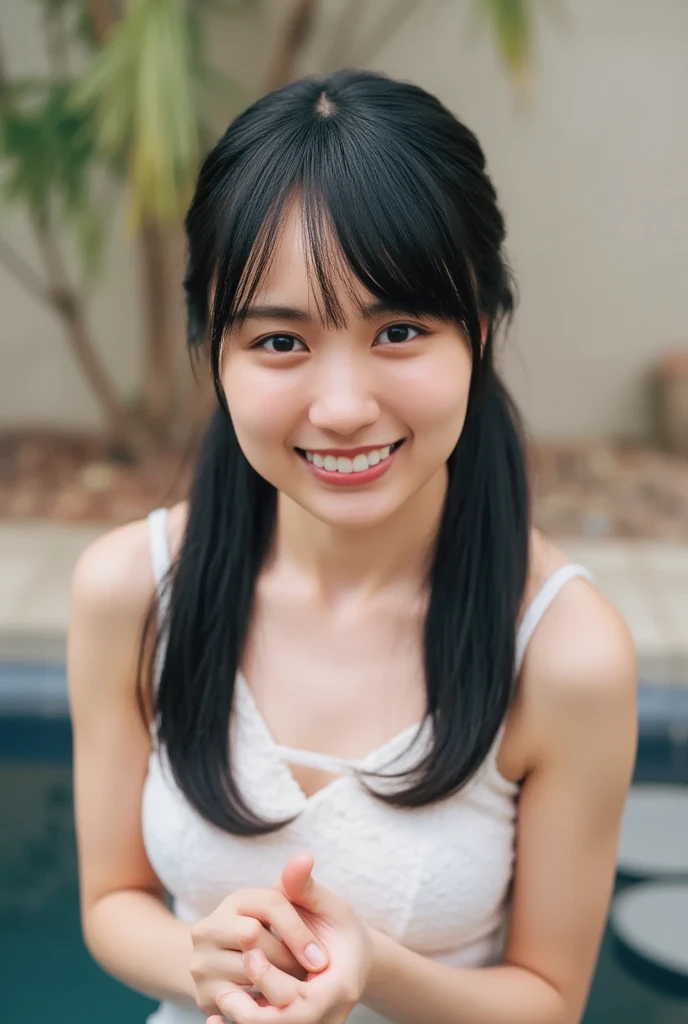 8K, ,, Raw photo, cute face, beautiful girl,Japanese,black hair, smile, looking at the viewer,looking at the camera， no makeup,clear lighting, teen, detailed face, background bokeh，歯を見せてsmile，door up，just the face，clear image，はにかんだsmile，90% of the screen is the face，shortcut，swimsuit，Lady
， on the face