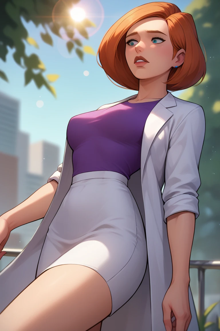 score_9, score_8_up, score_7_up, BREAK, 1girl, solo, breasts,  annpossible, mature female, lab coat, shirt, depth of field, lens flare, outdoors, thighs,