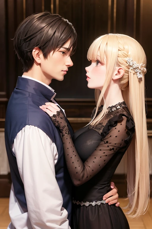 ((best qualityer)), ((work of art)), (detailded), 1 girl, 1 boy,
A woman with blonde hair with highlights of lighter blonde, hair tied in a ponytail, round face with big cheeks, chubby, wearing a dress with pink flowers. she has green eyes. She is talking to a tall boy, with medium length black hair and blue eyes, wearing black clothes and with brown skin tone, in a library.