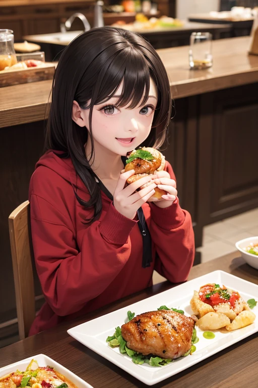 ponytail, A female junior high school student sitting on a bench and eating a sandwich