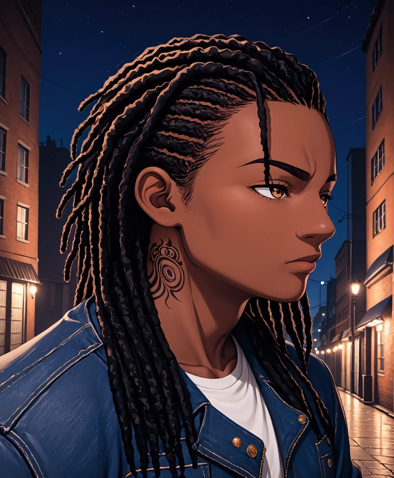 (foco frontal), (8k, 4k, intricate),(closeup-shot:1), (highly detailed:1.2),(detailed background:1.2, alleyway, city background, night time), Masterpiece, best quality, {best quality}, {{masterpiece, anime art style}}, {highres}, black hair, focus, anime style, an close up of a dark skinned man with dreadlocks and a denim jacket,tattoos on his neck , inspired by The Boondocks, African American male black anime art, trigger anime artstyle