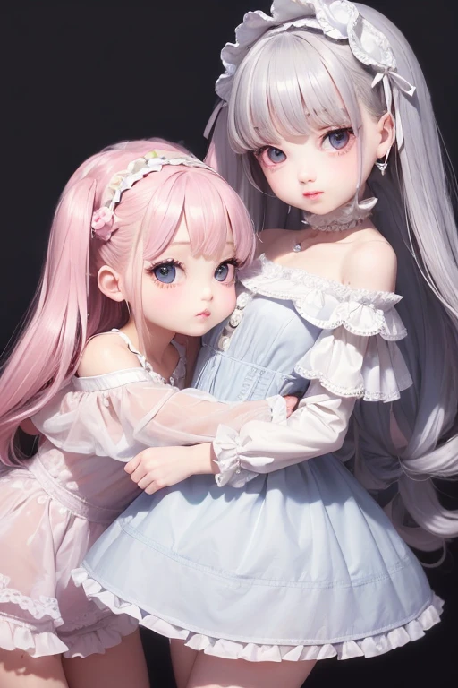 ((strap slip)), (((kawaii  face))), (((petite, lolihojo))), (((heart shaped pupils))), (((2 girls sitting))), (((yuri))), (masterpiece), (top quality), (hyper detailed), ((super detailed skin)), (8k), (crisp), (depth), (exquisite), (beautiful and aesthetic), (high standard), (high resolution), (perfect anatomy), (perfect proportion), (realistic), (full body), (blush), (hair in big bow), (piercing), (lips)