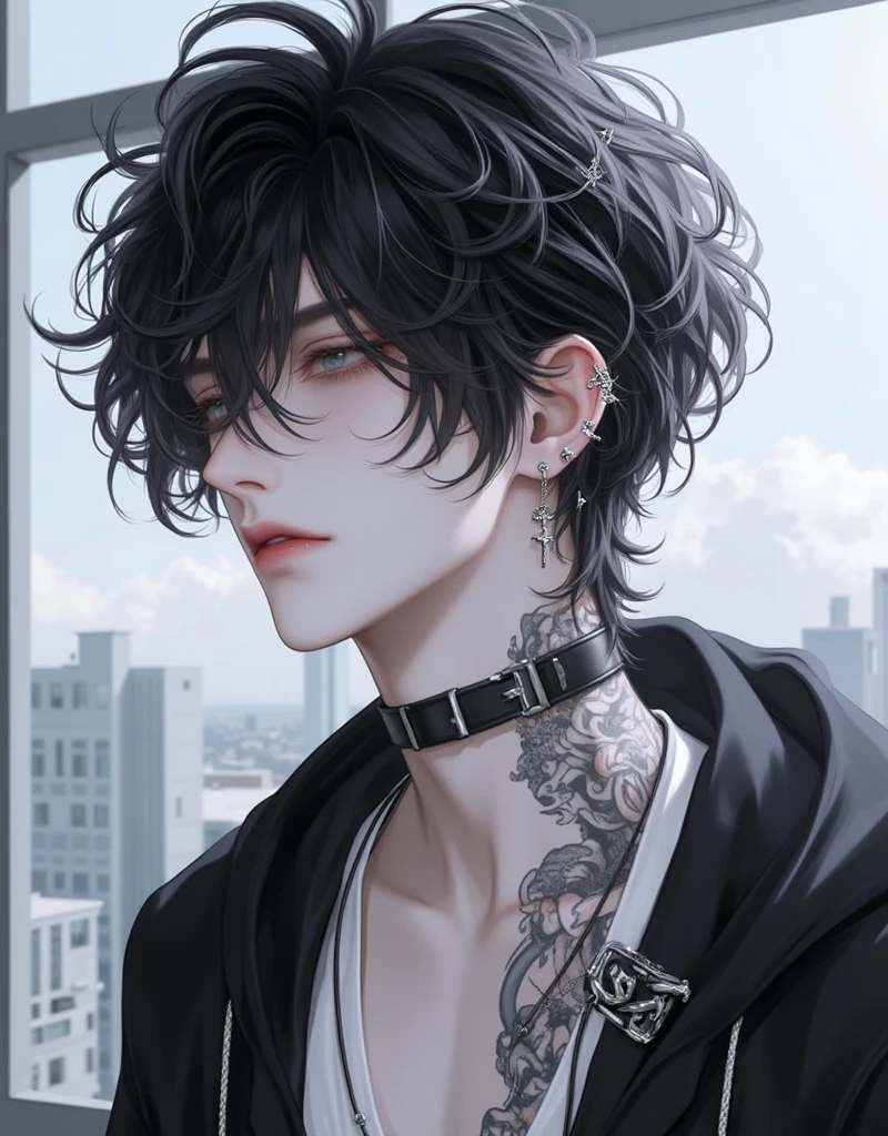 anime boy  A stylish anime boy with tousled dark hair, wearing black choker. He has multiple ear piercings with cross accessories. He is wearing a hoodie, and a black watch on his wrist. The character has a confident expression, with tattoos visible on his neck and arm. The background is softly blurred.