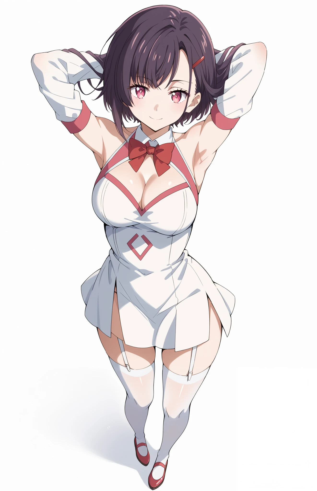 score_9, score_8_up, score_7_up, source_anime, 4K,perfect fingers,(perfect hands, perfect anatomy),prefect lighting, very aesthetic, intricate details,highly detailed background, masterpiece, high quality, best quality,
1girl,solo,shizukamikazuki, shizuka mikazuki, short hair, purple hair, hair ornament, hairclip, pink eyes, swept bangs, 
wearing ((halterneck,detached collar,white dress,bare shoulders,cleavage, clothing cutout,red bowtie,detached sleeves,white gloves,  garter straps,white thighhighs)),
looking at the spectator, filed,((arms behind head:1.5)), high thigh individual , (large breasts:0.9),Stand up,((fullbody:1.5)),((White plain background:1.5)) ,smile,((top view:1.5)),leaning forward:1.3,looking at viewer,focos ass,