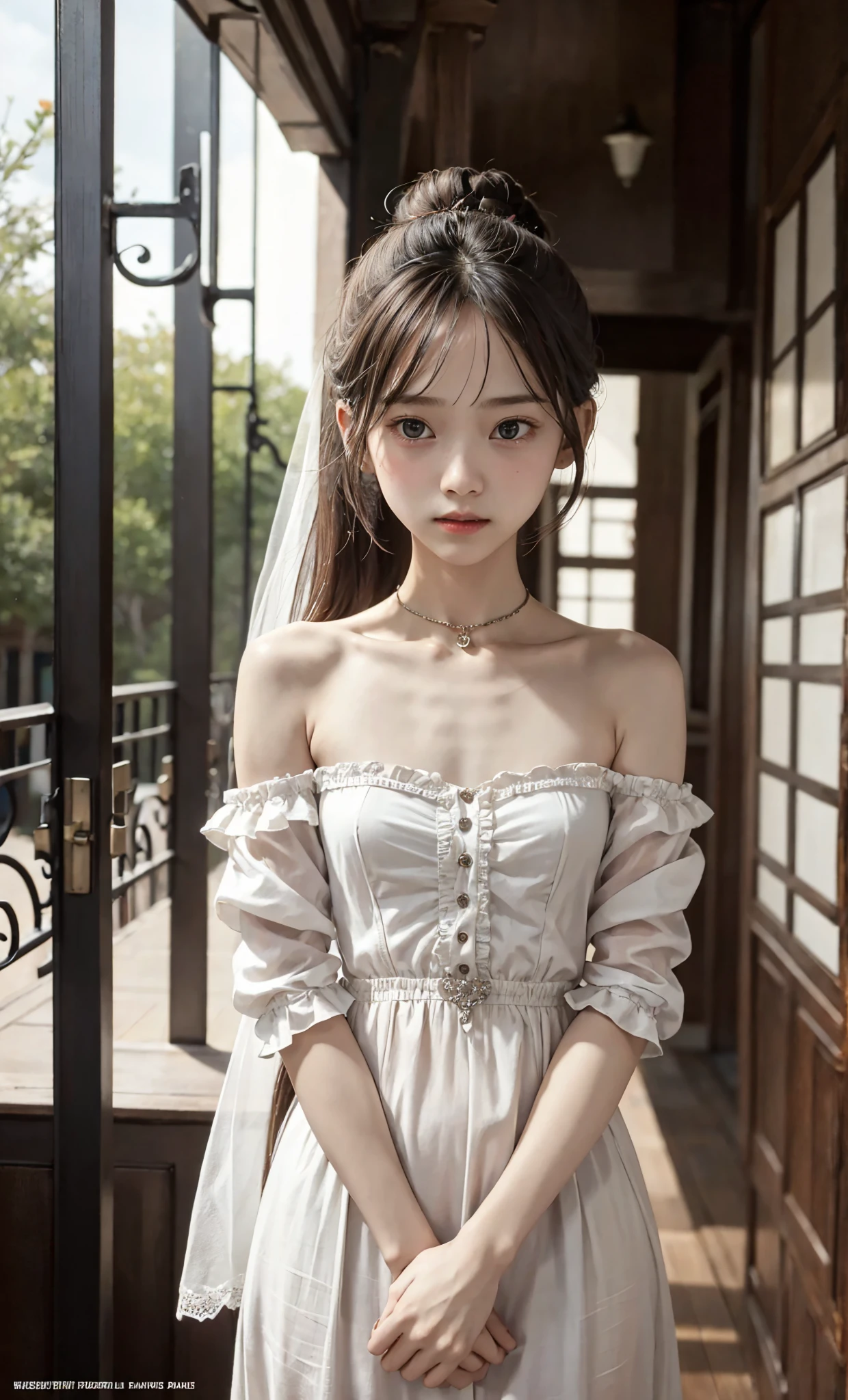  Unity 8K Wallpaper,  more details,  beautiful,  beautiful, masterpiece,  top quality, vibe, mystery, Romanticism, literature, art, fashion,  Victorian, Decoration, Complexity, Ironwork, race, meditation, Depth of emotion,  Supernatural, 1 girl, white skin,White Shoulders,Narrow shoulders,Thin arms, slender waist, bun hair 