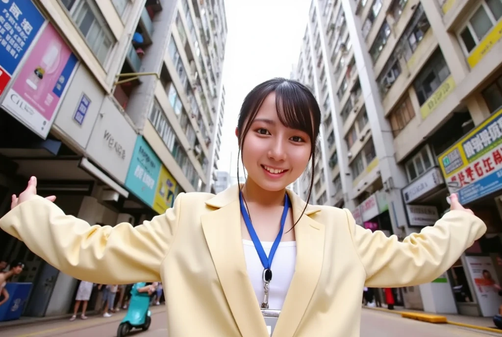 One Hong Kong girl, posing with arms out, camera pov, high quality image, sie boob, happy, big smile, in street of Hong Kong street, far shot