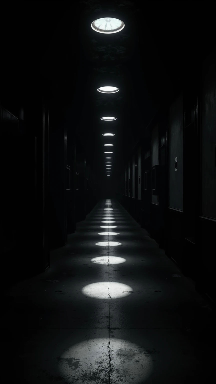 (masterpiece:1.3, UHD:1.2, highres:1.3, top quality, clarity:1.3), (darkness:1.3, darkness:1.3The eternal corridor:1.3, Complete darkness:1.3, Round lights are spaced evenly in the darkness and continue deeper into the room:1.3), 8k wall paper:1.3