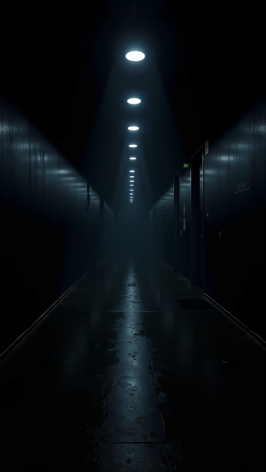 (masterpiece:1.3, UHD:1.2, highres:1.3, top quality, clarity:1.3), (darkness:1.3, darkness:1.3The eternal corridor:1.3, Complete darkness:1.3, Round lights are spaced evenly in the darkness and continue deeper into the room:1.3), 8k wall paper:1.3