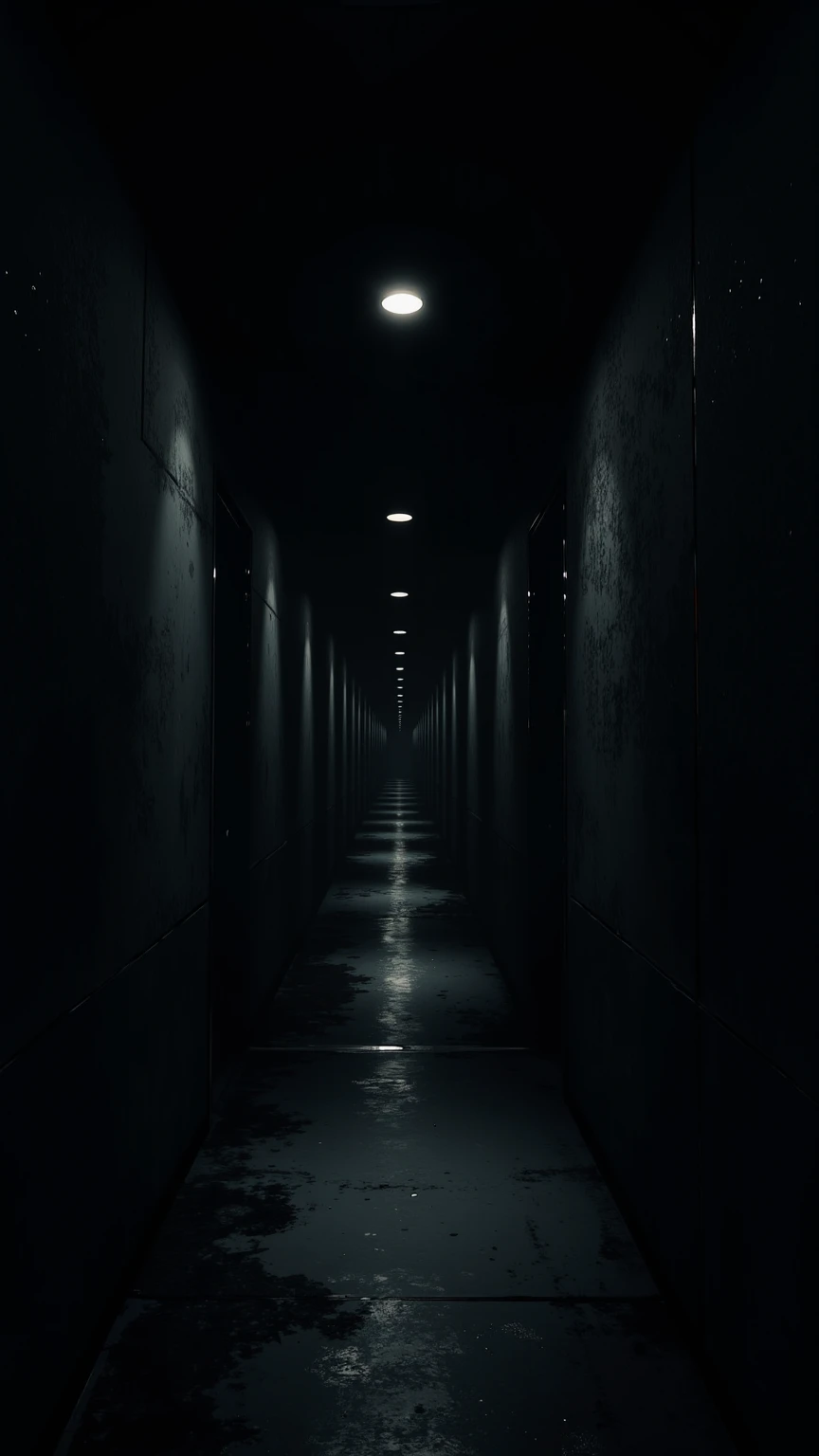 (masterpiece:1.3, UHD:1.2, highres:1.3, top quality, clarity:1.3), (darkness:1.3, darkness:1.3The eternal corridor:1.3, Complete darkness:1.3, Round lights are spaced evenly in the darkness and continue deeper into the room:1.3), 8k wall paper:1.3