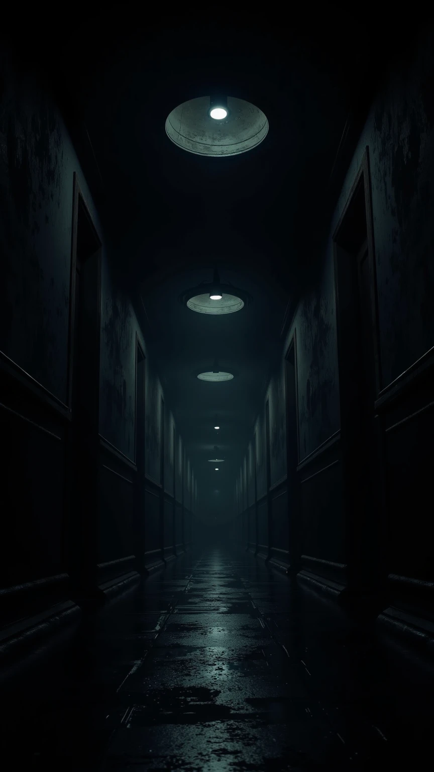 (masterpiece:1.3, UHD:1.2, highres:1.3, top quality, clarity:1.3), (darkness:1.3, darkness:1.3The eternal corridor:1.3, Complete darkness:1.3, Round lights are spaced evenly in the darkness and continue deeper into the room:1.3), 8k wall paper:1.3