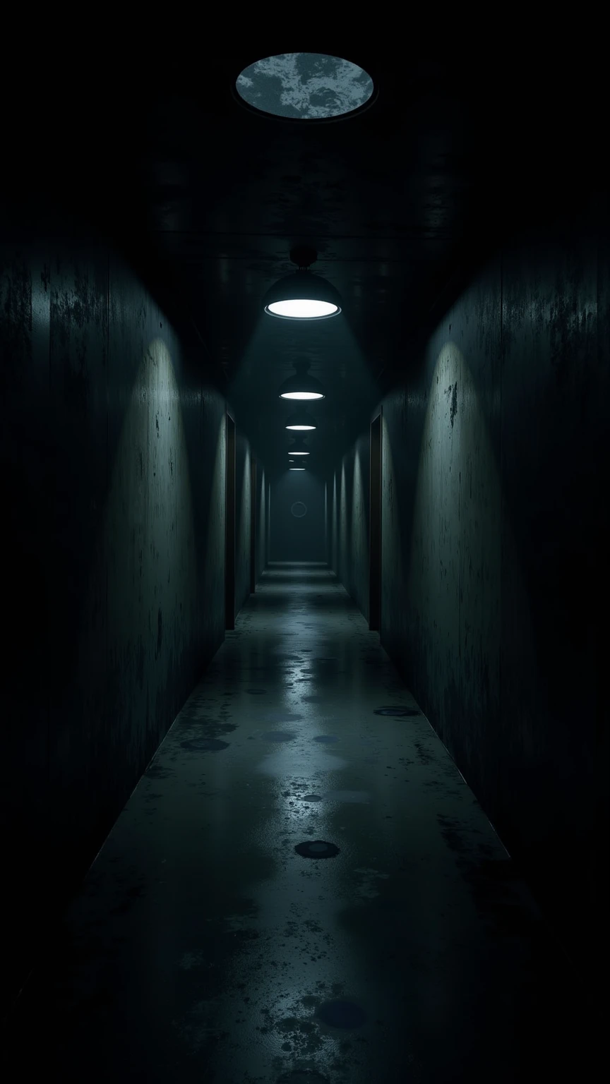 (masterpiece:1.3, UHD:1.2, highres:1.3, top quality, clarity:1.3), (darkness:1.3, darkness:1.3The eternal corridor:1.3, Complete darkness:1.3, Round lights are spaced evenly in the darkness and continue deeper into the room:1.3), 8k wall paper:1.3