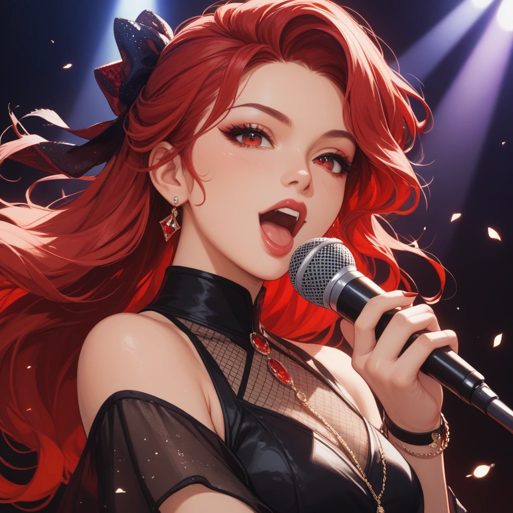 A k-pop idol with beautiful smile and red hair, holding a microphone, is seen from behind during the show. She is wearing a stylish jacket and k-pop accessories. The picture showcases her confidence and stage presence. Additionally, the artist focuses on the details of her face, with intricate and detailed eyes, nose, and lips. The image quality is of the highest standards, with best quality, HDR, and extreme detail description. The overall style is vibrant and dynamic, capturing the essence of a k-pop concert. The color tone is rich and lively, enhancing the energetic atmosphere. The lighting is professional and emphasizes the spotlight on the idol, creating a captivating ambiance.