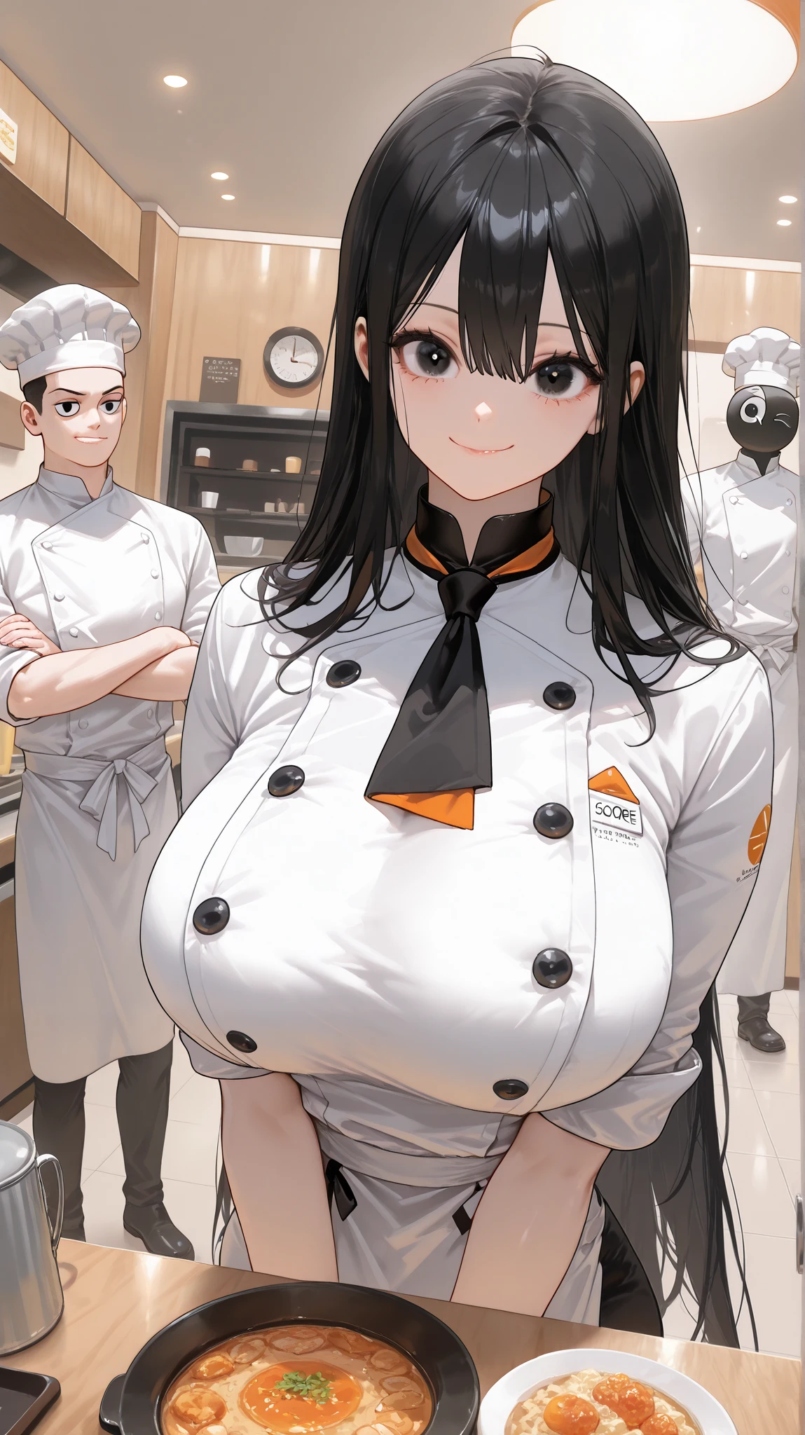 chef clothes、showing face,15-years old,Super detailed、huge breast、,smile,:D,three woman side by side