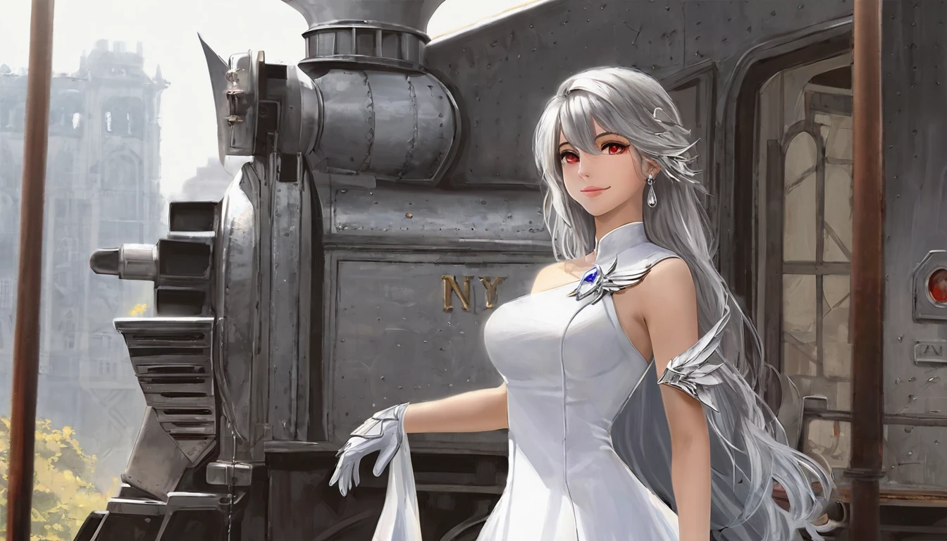 (  realistic paint style :0.9), Masterpiece,  top quality,   That&#39;s ridiculous.,  is looking, Alone, Railway ( Silverwing n-ex ), Railway,  red eyes,  from the side 1 girl , Alone, chest,  long hair,  dress,  gray hair,  Cleveland ,  is looking, smile,  Closed Her Mouth , bangs,  gray eyes,   jewelry, 片手 gloves,  earrings, white  dress,  gloves, Bare shoulders, Sleeveless  dress,  drill hair, Sleeveless,   single sleeve that grabs air ,  hair between your eyes, large chest,  twin drill, White sleeves,  Hair Ornament ,  SINGLE SHOULDER ARMOR , city,   knight 